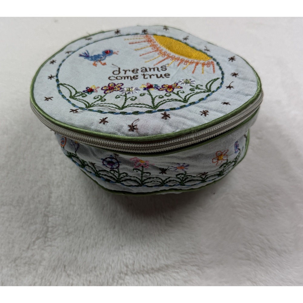 Natural Life Embroidered Dreams Come True Round Zip Case Blue Floral Pouch